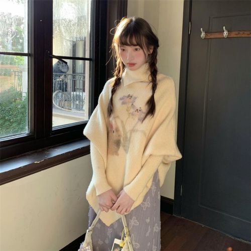 Korean-style gentle rabbit floral print irregular poncho turtleneck sweater for women, new autumn and winter loose lazy knitted sweater