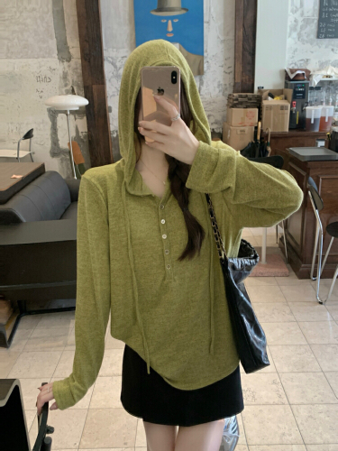 Photographed! Autumn Simple Loose Elegant T-shirt Top Versatile Korean Style Soft and Cute Half-Open Collar Hooded Sweatshirt