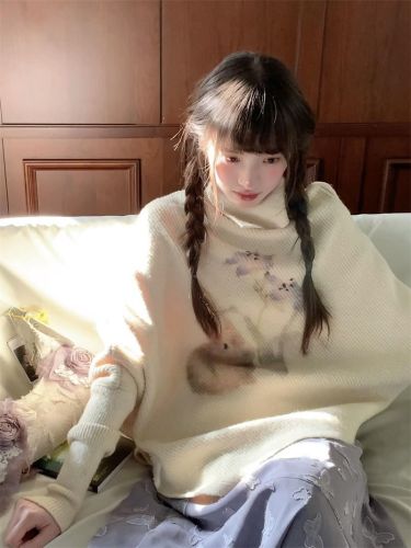 Korean-style gentle rabbit floral print irregular poncho turtleneck sweater for women, new autumn and winter loose lazy knitted sweater