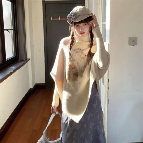 Korean-style gentle rabbit floral print irregular poncho turtleneck sweater for women, new autumn and winter loose lazy knitted sweater