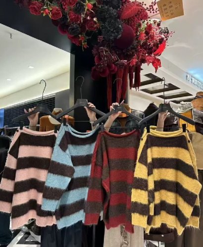 Korean Version 2025 Autumn/Winter New Relaxed Style One-Shoulder Diagonal Striped Knit Top for Women