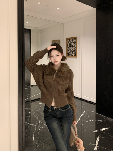 Photo shoot~ American retro faux fur vertical striped knit coat for women, autumn and winter lazy style loose sweater for women