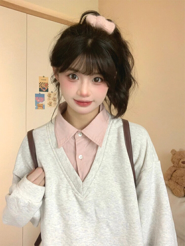 Official Illustration Pure Cotton Splicing V-Neck Shirt Sweatshirt Academic Style Asymmetrical Design Unique Fashion Top