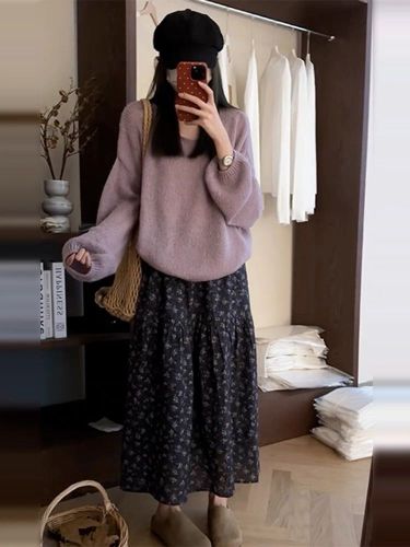 Korean Leisure Style Navy Blue Soft Round Neck Sweater for Women 2025 Autumn/Winter Loose Knit Top