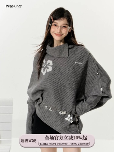 Korean-style floral irregular cape high-neck sweater, niche high-end knit top, women's autumn/winter top