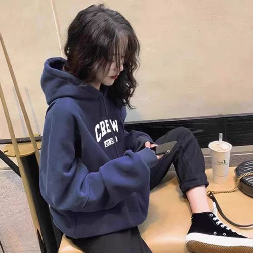 High-quality cotton blended CVC ribbed hooded print sweatshirt for women, regular thermal lined