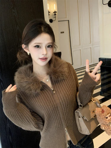 Photo shoot~ American retro faux fur vertical striped knit coat for women, autumn and winter lazy style loose sweater for women