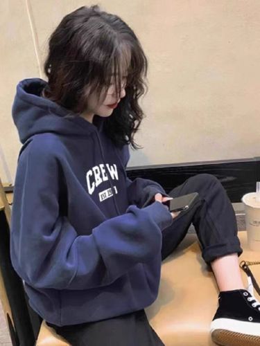 High-quality cotton blended CVC ribbed hooded print sweatshirt for women, regular thermal lined