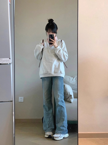 Official Illustration Pure Cotton Splicing V-Neck Shirt Sweatshirt Academic Style Asymmetrical Design Unique Fashion Top