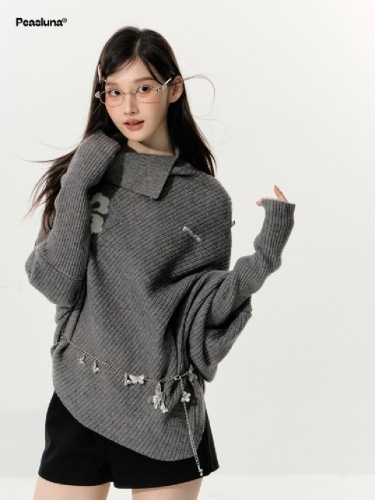 Korean-style floral irregular cape high-neck sweater, niche high-end knit top, women's autumn/winter top