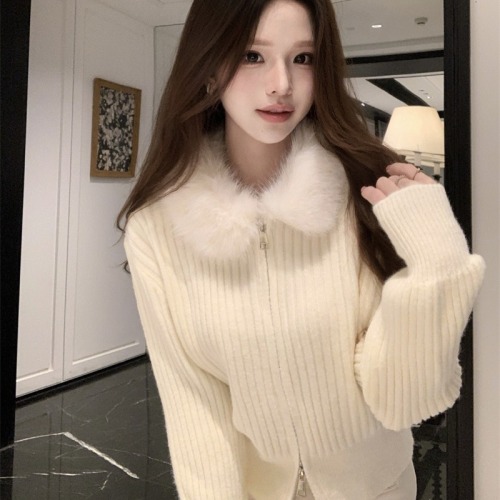 Photo shoot~ American retro faux fur vertical striped knit coat for women, autumn and winter lazy style loose sweater for women