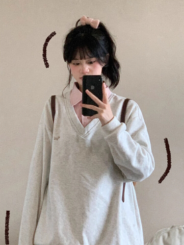 Official Illustration Pure Cotton Splicing V-Neck Shirt Sweatshirt Academic Style Asymmetrical Design Unique Fashion Top