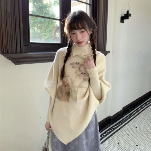 Korean-style gentle rabbit floral print irregular poncho turtleneck sweater for women, new autumn and winter loose lazy knitted sweater