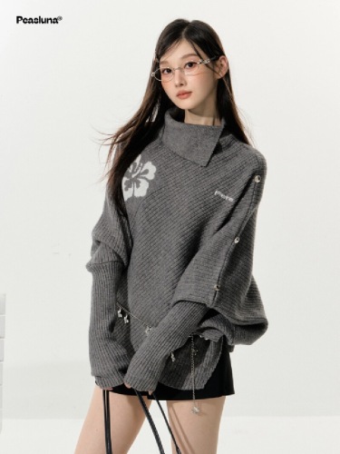 Korean-style floral irregular cape high-neck sweater, niche high-end knit top, women's autumn/winter top
