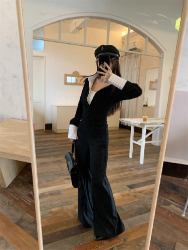 Women's Spring and Autumn Knit Sweater with Placket, Two-Piece Style, Long Sleeve, Fitted and Slimming