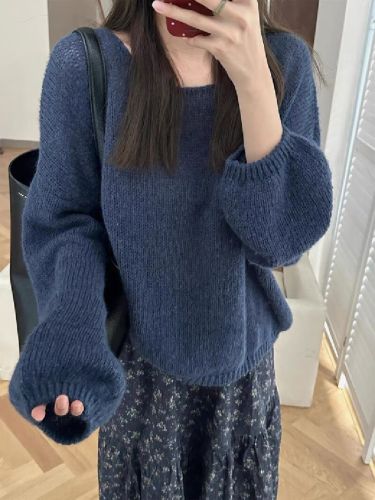 Korean Leisure Style Navy Blue Soft Round Neck Sweater for Women 2025 Autumn/Winter Loose Knit Top
