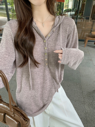 Photographed! Autumn Simple Loose Elegant T-shirt Top Versatile Korean Style Soft and Cute Half-Open Collar Hooded Sweatshirt