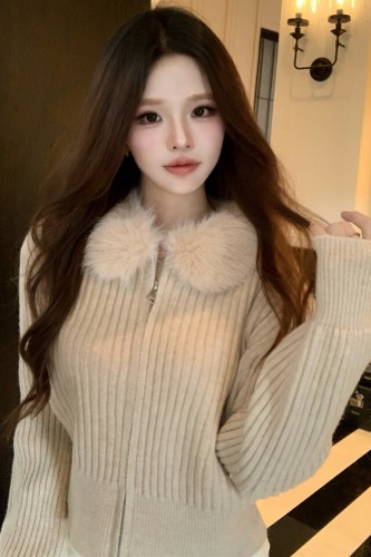 Photo shoot~ American retro faux fur vertical striped knit coat for women, autumn and winter lazy style loose sweater for women