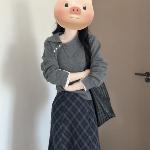 Gray Lapel Sweater for Women, 2025 Fall/Winter Collection: New Autumn Design—Lace-Panel Long-Sleeve Knitted Top, Cropped Style