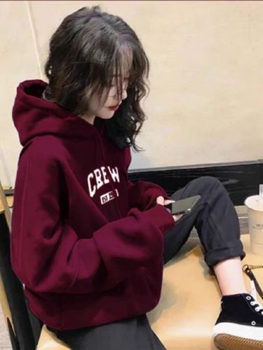 High-quality cotton blended CVC ribbed hooded print sweatshirt for women, regular thermal lined