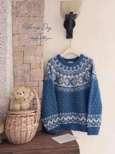 Cashmere retro large rough needle Ferris wheel Fair Isle pattern Indigo blue raglan sleeve loose sweater