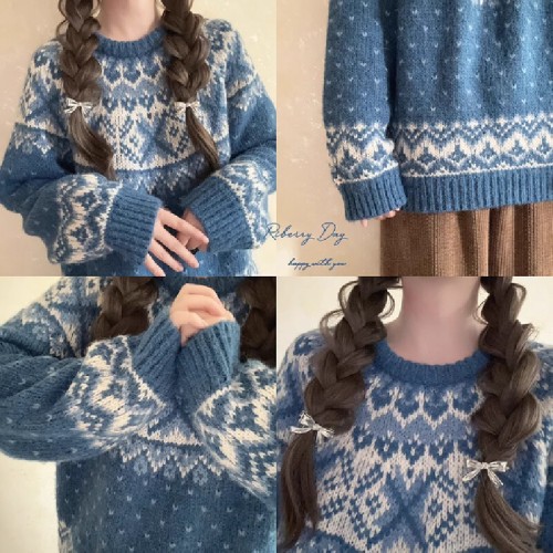Cashmere retro large rough needle Ferris wheel Fair Isle pattern Indigo blue raglan sleeve loose sweater