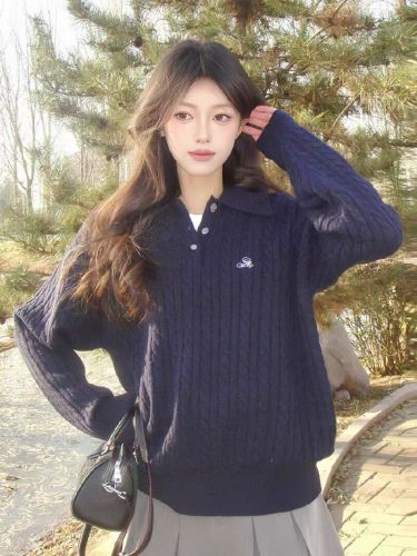 Lazy Style Polo Collar Knit Top for Women - Autumn New Arrival Macrame Retro Long Sleeve Knit Sweater - Loose Casual Soft and Plush Top