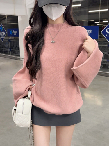 Photographed New Semi-High Collar Hooded Knit Top Loose Crew Neck Turtleneck Shirt Casual Basic Top