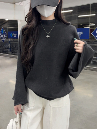 Photographed New Semi-High Collar Hooded Knit Top Loose Crew Neck Turtleneck Shirt Casual Basic Top