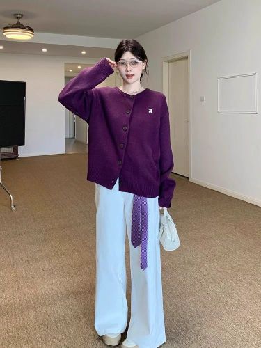 Elegant and Fashionable, Empress Style Embroidered Button Knit Cardigan for Women, Autumn and Winter Trendy Loose Sweatshirt Outerwear, Purple