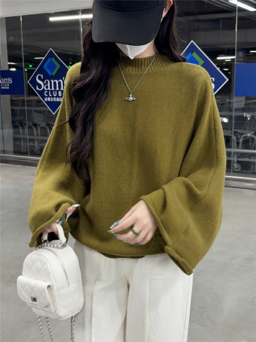 Photographed New Semi-High Collar Hooded Knit Top Loose Crew Neck Turtleneck Shirt Casual Basic Top