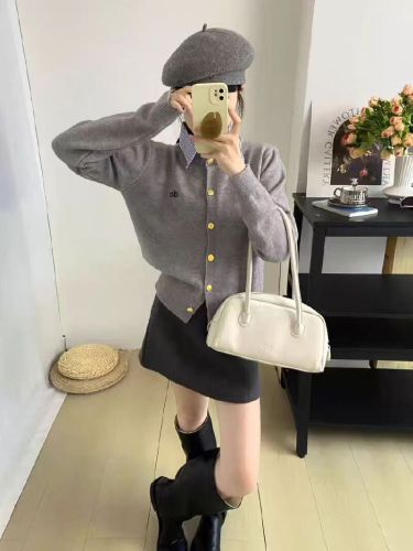 Small Gold Button Knit Cardigan POLO Collar Outerwear Slimming Top 2025 Autumn New Style Aolo Jacket