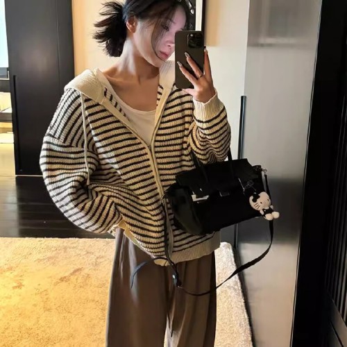 Drawstring Hooded Striped Knitted Cardigan for Women | Autumn Korean-Style Loose-Fit Lazy-Style Outerwear Sweater Top Coat