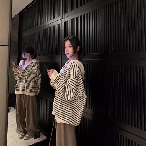 Drawstring Hooded Striped Knitted Cardigan for Women | Autumn Korean-Style Loose-Fit Lazy-Style Outerwear Sweater Top Coat
