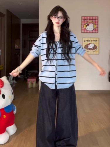 Korean-style blue-striped sweater for autumn—loose, cozy, and casual—long-sleeve knit top with a two-piece set