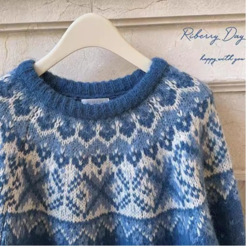Cashmere retro large rough needle Ferris wheel Fair Isle pattern Indigo blue raglan sleeve loose sweater