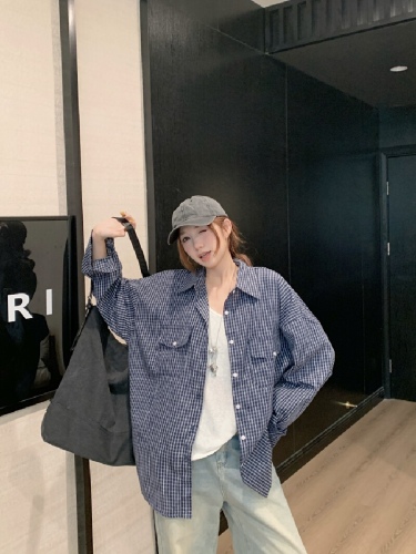 60% Cotton 40% Polyester Retro High-Count Cotton Loose Fitting Slimming Long-Sleeve Checkered Shirt for Women Spring