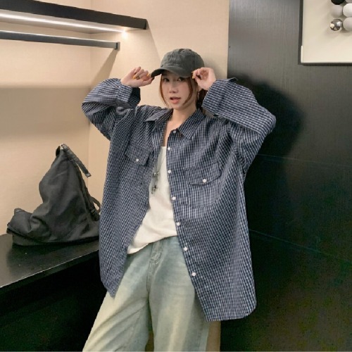 60% Cotton 40% Polyester Retro High-Count Cotton Loose Fitting Slimming Long-Sleeve Checkered Shirt for Women Spring