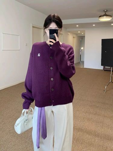 Elegant and Fashionable, Empress Style Embroidered Button Knit Cardigan for Women, Autumn and Winter Trendy Loose Sweatshirt Outerwear, Purple