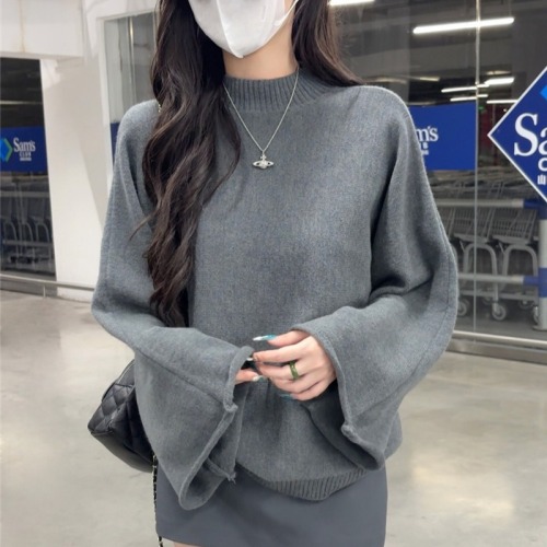 Photographed New Semi-High Collar Hooded Knit Top Loose Crew Neck Turtleneck Shirt Casual Basic Top