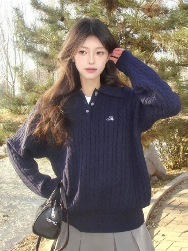 Lazy Style Polo Collar Knit Top for Women - Autumn New Arrival Macrame Retro Long Sleeve Knit Sweater - Loose Casual Soft and Plush Top