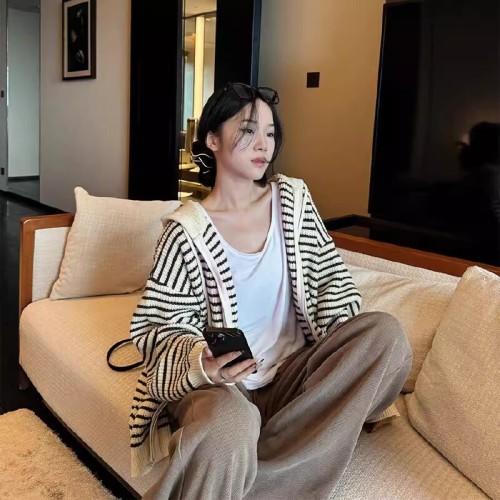 Drawstring Hooded Striped Knitted Cardigan for Women | Autumn Korean-Style Loose-Fit Lazy-Style Outerwear Sweater Top Coat