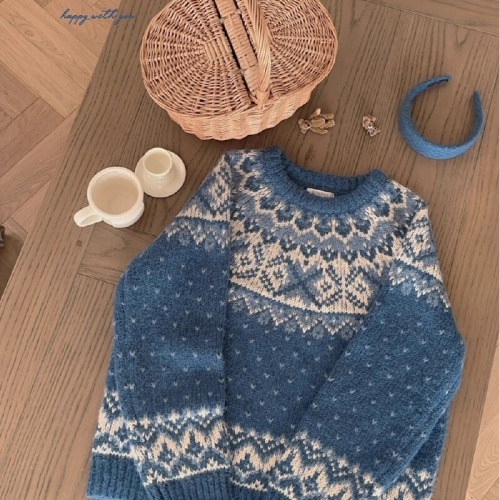 Cashmere retro large rough needle Ferris wheel Fair Isle pattern Indigo blue raglan sleeve loose sweater