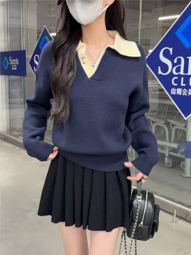 Women's Off-the-Shoulder Contrast Color Long-Sleeve Knit Sweater - Unique Fashion Casual Loose Fit Knit Top