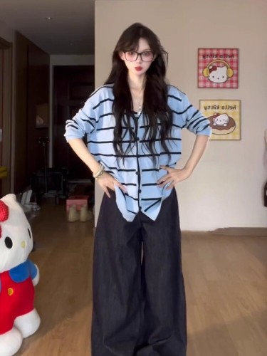 Korean-style blue-striped sweater for autumn—loose, cozy, and casual—long-sleeve knit top with a two-piece set