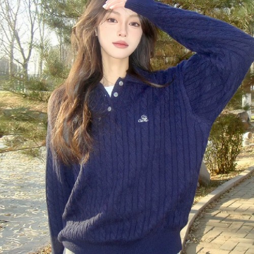 Lazy Style Polo Collar Knit Top for Women - Autumn New Arrival Macrame Retro Long Sleeve Knit Sweater - Loose Casual Soft and Plush Top