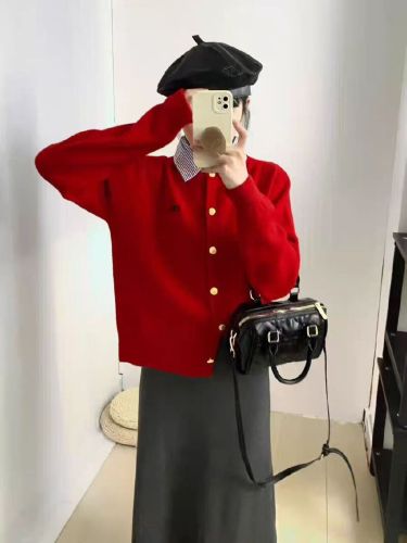 Small Gold Button Knit Cardigan POLO Collar Outerwear Slimming Top 2025 Autumn New Style Aolo Jacket