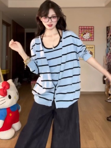 Korean-style blue-striped sweater for autumn—loose, cozy, and casual—long-sleeve knit top with a two-piece set