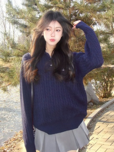 Lazy Style Polo Collar Knit Top for Women - Autumn New Arrival Macrame Retro Long Sleeve Knit Sweater - Loose Casual Soft and Plush Top