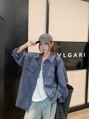 60% Cotton 40% Polyester Retro High-Count Cotton Loose Fitting Slimming Long-Sleeve Checkered Shirt for Women Spring